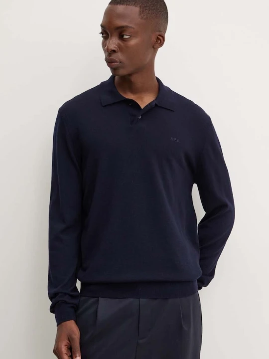 Zdjęcie produktu A.P.C. sweter wełniany polo jacob logo granatowy
