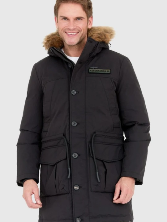 Zdjęcie produktu AERONAUTICA MILITARE Czarna parka męska z futrem jenota, Rozmiar 54