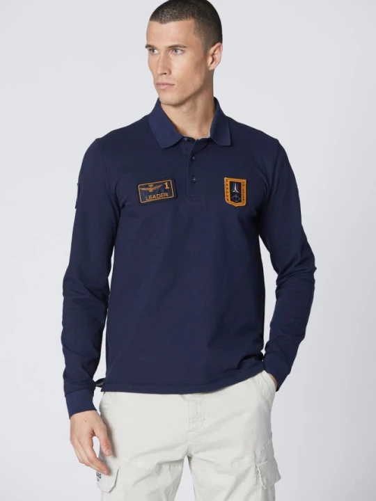 Zdjęcie produktu AERONAUTICA MILITARE Granatowe męskie polo z długim rękawem Piqué, Rozmiar XXL Niebieski