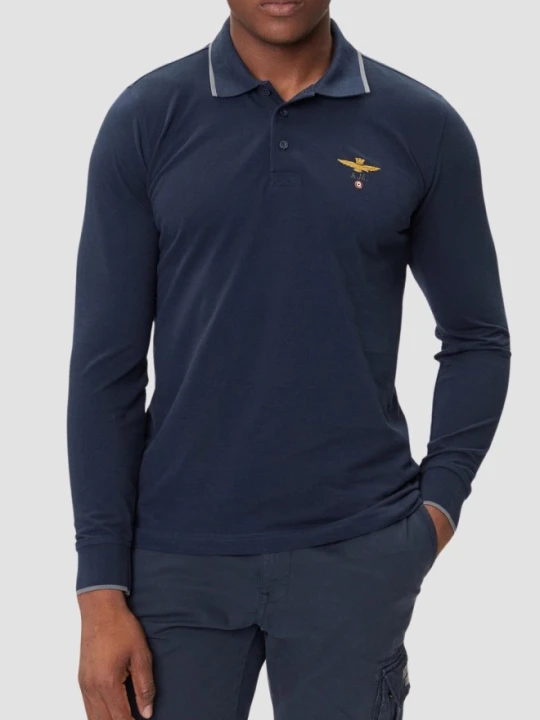 Zdjęcie produktu AERONAUTICA MILITARE Granatowy bawełniany męski longsleeve polo, Rozmiar XXL Niebieski