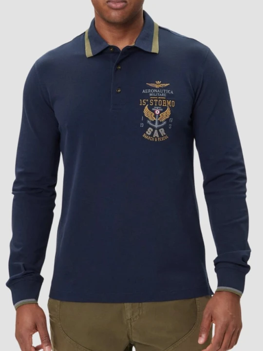 Zdjęcie produktu AERONAUTICA MILITARE Granatowy bawełniany męski longsleeve polo, Rozmiar XL Niebieski