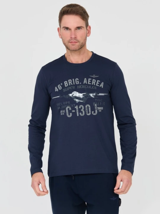 Zdjęcie produktu AERONAUTICA MILITARE Granatowy męski bawełniany longsleeve 46th Air Brigade, Rozmiar XXL Niebieski