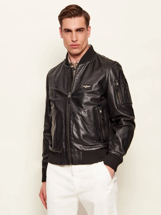 Zdjęcie produktu Aeronautica Militare Skórzana kurtka bomber | Regular Fit czarny