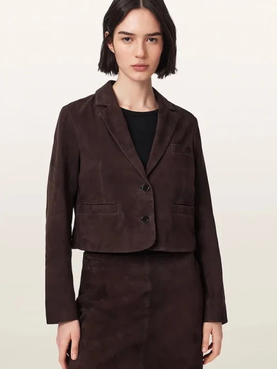 Zdjęcie produktu AllSaints blezer damski zamszowy APTON SUEDE brązowy