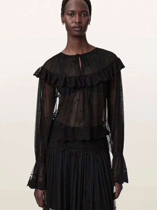 Zdjęcie produktu AllSaints bluzka z falbanką damska koronkowa UNRULY SUSIE LS TEE czarny