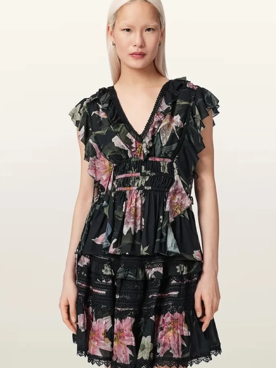 Zdjęcie produktu AllSaints bluzka z falbanką damska z modalu CANTO czarny