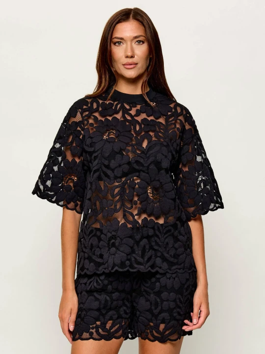 Zdjęcie produktu AllSaints Koronkowy t-shirt Amelie | Oversize fit czarny