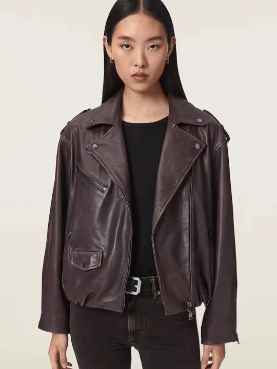Zdjęcie produktu AllSaints krótka kurtka damska skórzana SAMINA bordowy