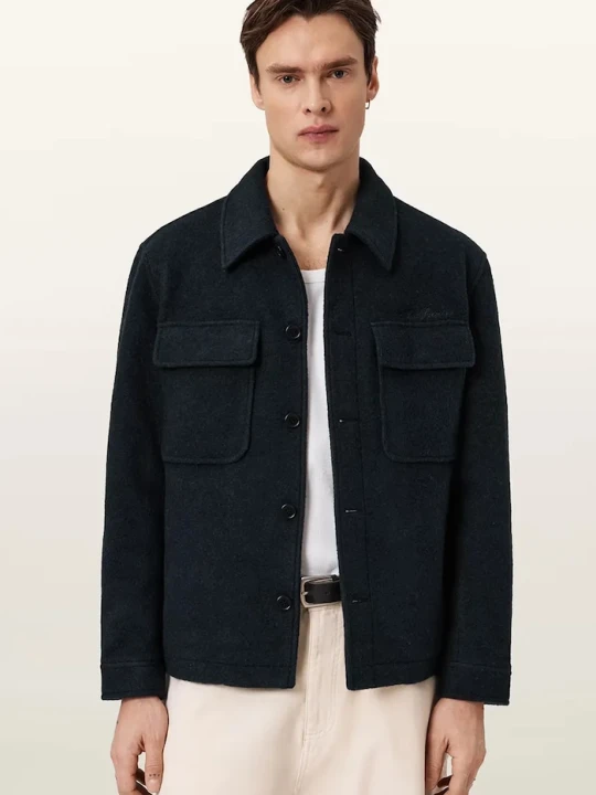 Zdjęcie produktu AllSaints kurtka koszulowa męska z dodatkiem wełny CAYSON granatowy