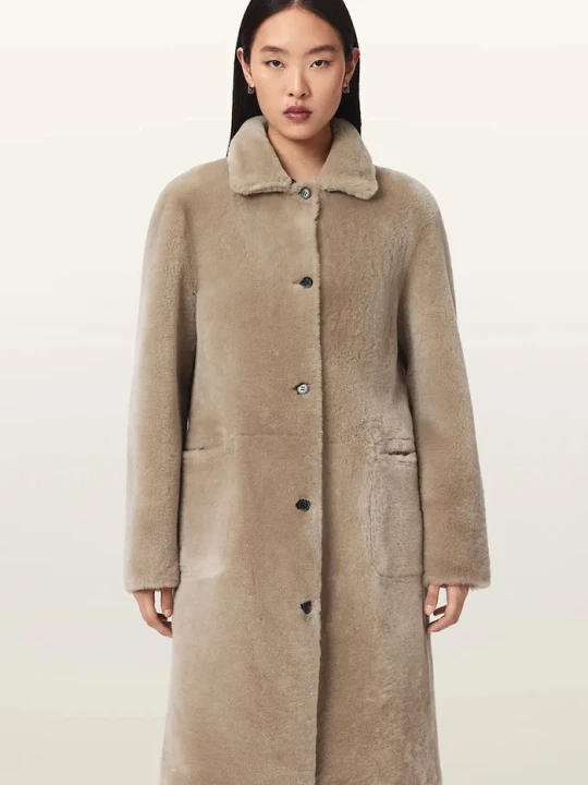Zdjęcie produktu AllSaints płaszcz damski skórzany SERRA beżowy
