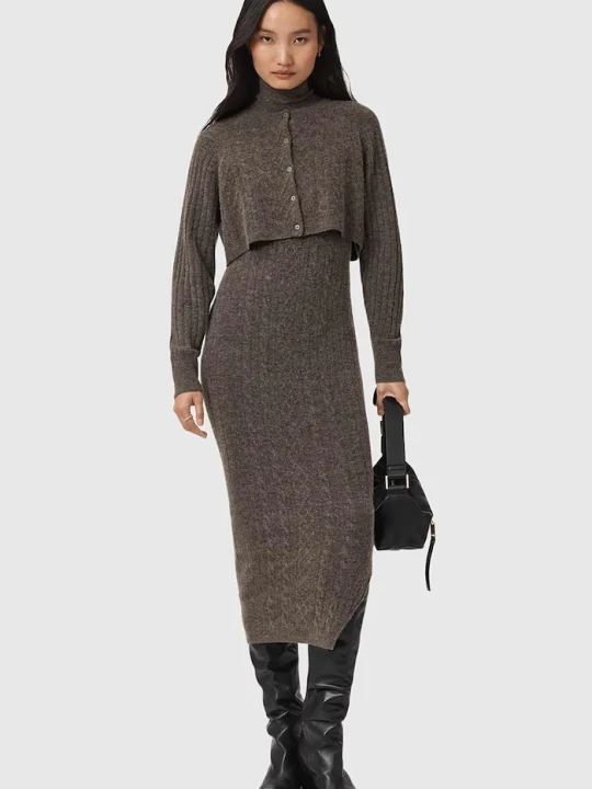 Zdjęcie produktu AllSaints sukienka i kardigan z dodatkiem wełny brązowy