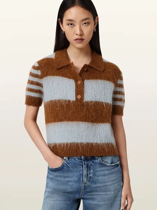 Zdjęcie produktu AllSaints sweter z krótkim rękawem damski z wełną CLEM brązowy