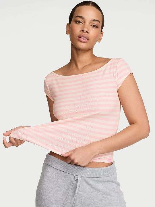 Zdjęcie produktu Angel Essentials T-shirt z modalu z dekoltem łódka VS Iconic Rib Boatneck Victoria's Secret Paski