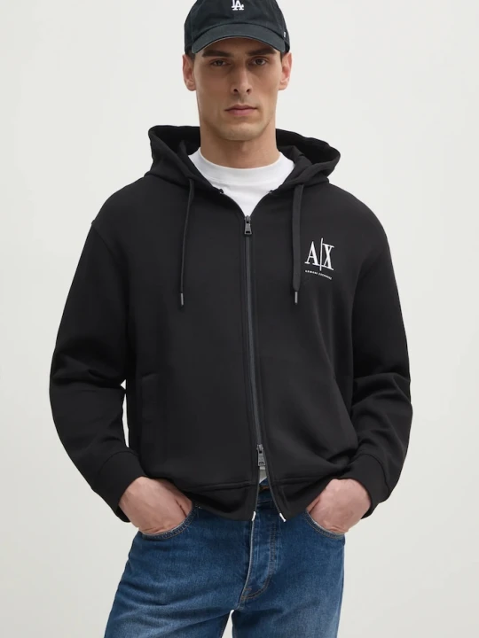 Zdjęcie produktu Armani Exchange bluza rozpinana z kapturem męska z bawełną czarny