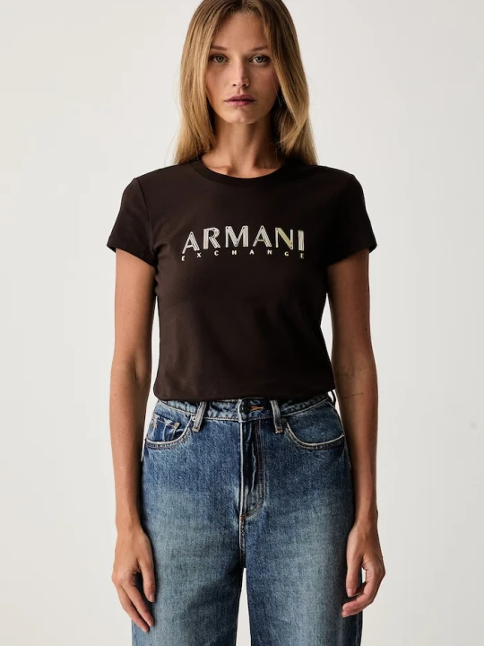 Zdjęcie produktu Armani Exchange T-shirt damski bawełniany z elastanem brązowy