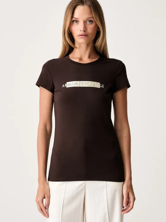 Zdjęcie produktu Armani Exchange T-shirt damski bawełniany z elastanem brązowy