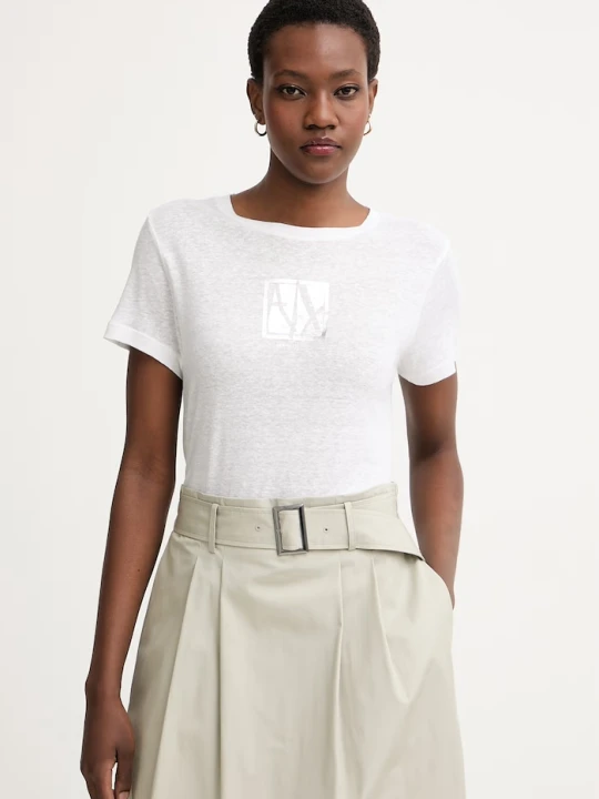 Zdjęcie produktu Armani Exchange T-shirt damski z dodatkiem lnu srebrny