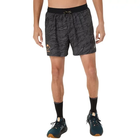 Zdjęcie produktu ASICS Fujitrail All Over Print 5IN Short 2011D392-001, Męskie, Czarne, spodenki, poliester, rozmiar: L