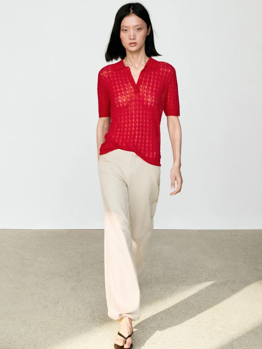 Zdjęcie produktu Ażurowy Sweter Polo - Czerwony - Massimo Dutti - Female