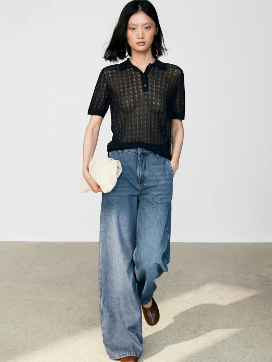 Zdjęcie produktu Ażurowy Sweter Polo - Granatowy - Massimo Dutti - Female