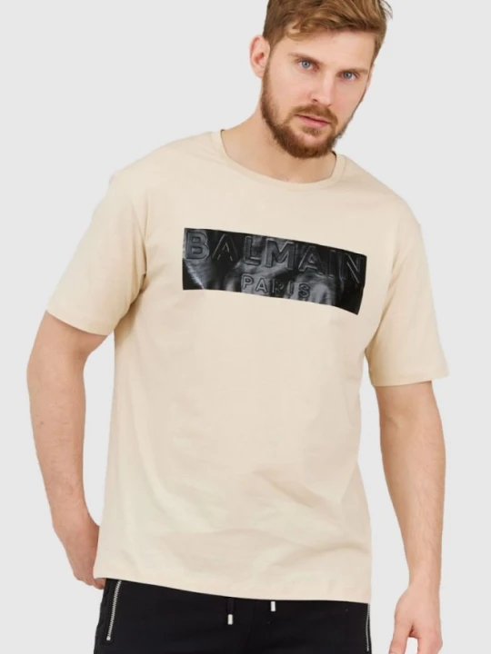 Zdjęcie produktu BALMAIN Beżowy t-shirt męski z aplikacją z logo, Rozmiar S