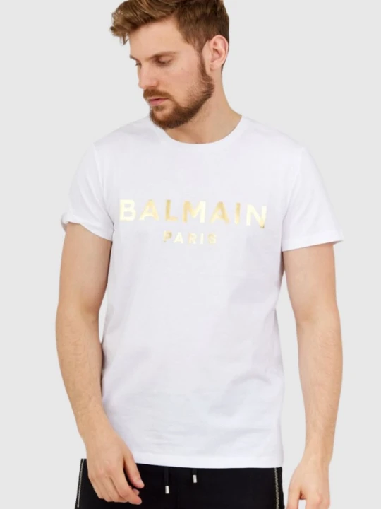 Zdjęcie produktu BALMAIN Biały t-shirt męski ze złotym logo, Rozmiar S