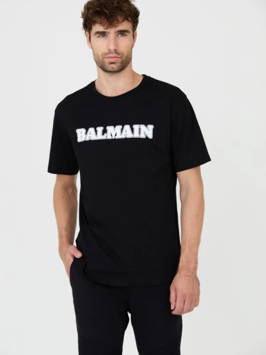 Zdjęcie produktu BALMAIN Czarny męski t-shirt z białym logo Retro Balmain Flock, Rozmiar 3XL