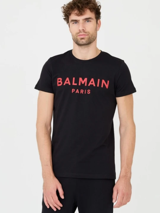 Zdjęcie produktu BALMAIN Czarny męski T-shirt z czerwonym logo, Rozmiar XL