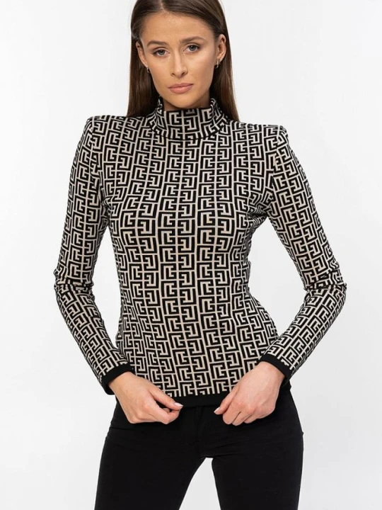 Zdjęcie produktu BALMAIN Damska bluzka z golfem w czarny monogram, Rozmiar 36 Beżowy