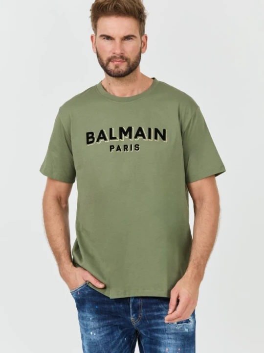 Zdjęcie produktu BALMAIN Zielony męski t-shirt Flock&foil T-shirt Bulky Fit, Rozmiar XXL