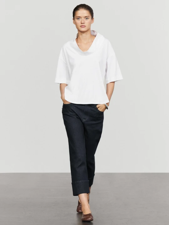 Zdjęcie produktu Bawełniana Bluzka Z Krótkim Rękawem I Otwartym Kołnierzem - Biały Złamany - Massimo Dutti - Female