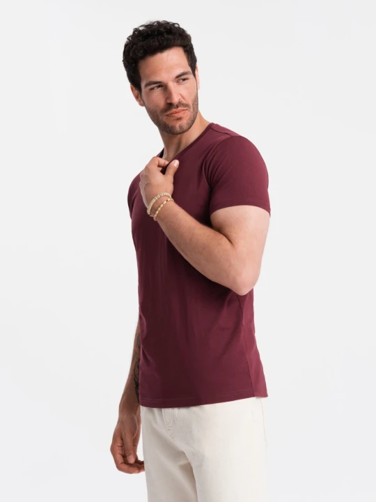 Zdjęcie produktu Bawełniana klasyczna męska koszulka z dekoltem w serek BASIC – bordowa V10 - Rozmiar: 3XL Ombre Clothing