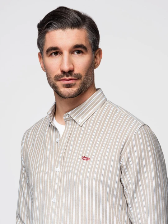 Zdjęcie produktu Bawełniana koszula męska REGULAR FIT w drobne paski – beżowa V1 - Rozmiar: L Ombre Clothing