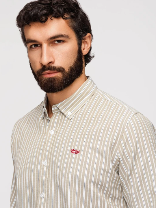 Zdjęcie produktu Bawełniana koszula męska REGULAR FIT w drobne paski – beżowa V1 - Rozmiar: XL Ombre Clothing