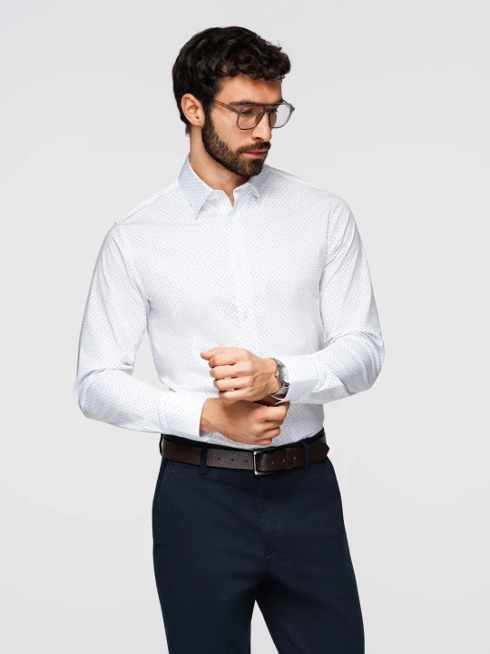 Zdjęcie produktu Bawełniana koszula męska w delikatne wzory REGULAR FIT - biała V1 - Rozmiar: M Ombre Clothing
