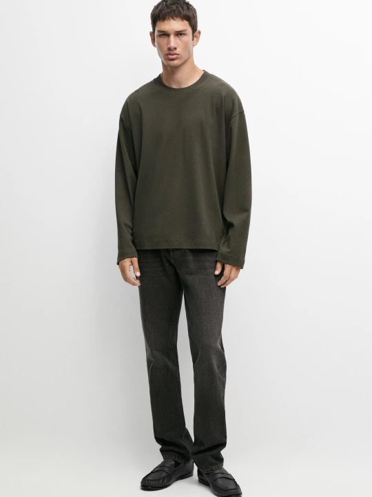 Zdjęcie produktu Bawełniana Koszulka Boxy Z Długim Rękawem - Zielony - Massimo Dutti - Male