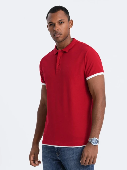 Zdjęcie produktu Bawełniana koszulka męska polo z kontrastowymi wykończeniami – czerwona V2 Ombre Clothing