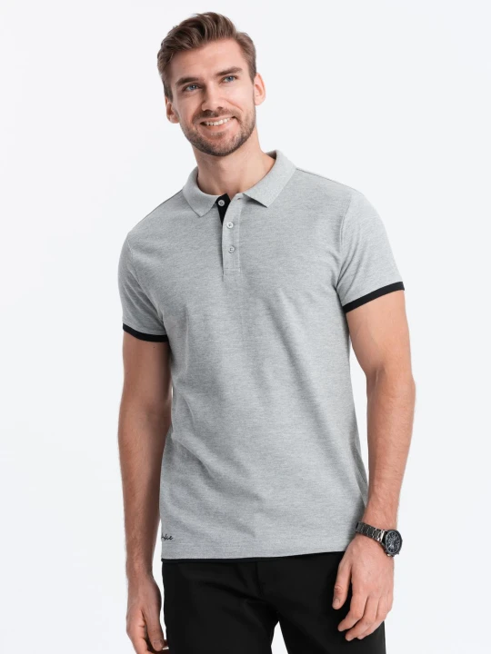 Zdjęcie produktu Bawełniana koszulka męska polo z kontrastowymi wykończeniami – szary melanż V7 Ombre Clothing