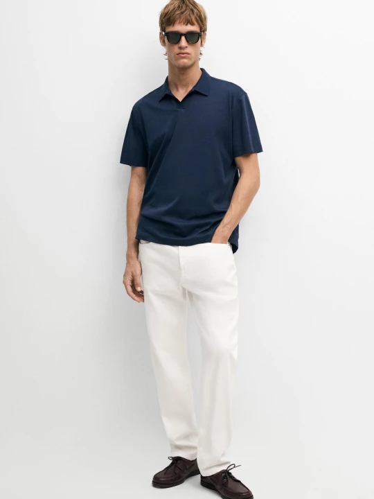 Zdjęcie produktu Bawełniana Koszulka Polo Z Dekoltem W Serek - Niebieski - Massimo Dutti - Male