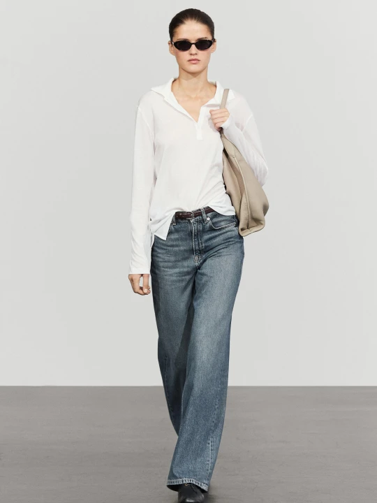 Zdjęcie produktu Bawełniana Koszulka Polo Z Długim Rękawem - Biały Złamany - Massimo Dutti - Female