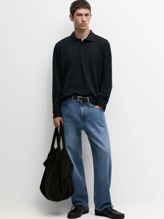Zdjęcie produktu Bawełniana Koszulka Polo Z Mikrostrukturą - Granatowy - Massimo Dutti - Male
