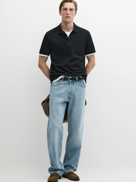 Zdjęcie produktu Bawełniana Koszulka Polo Z Piki O Drobnej Fakturze - Granatowy - Massimo Dutti - Male