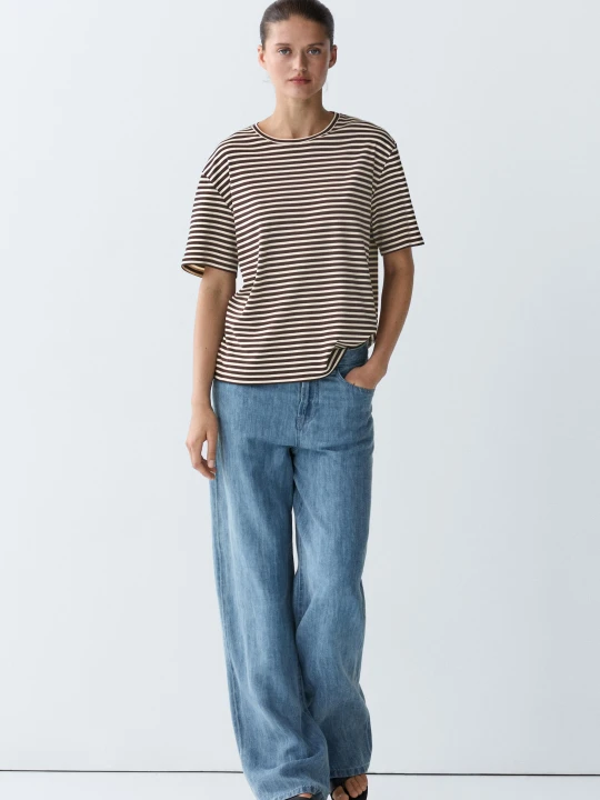 Zdjęcie produktu Bawełniana Koszulka W Paski Z Krótkim Rękawem - Brązowy - Massimo Dutti - Female