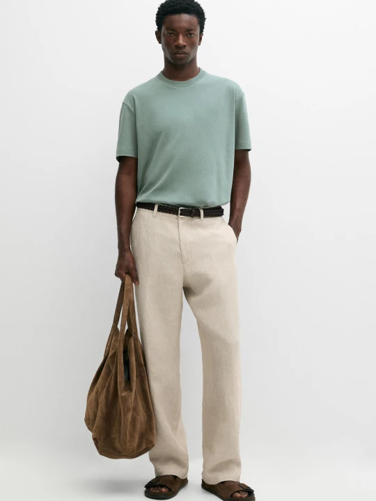 Zdjęcie produktu Bawełniana Koszulka Z Krótkim Rękawem - Szarawozielony - Massimo Dutti - Male