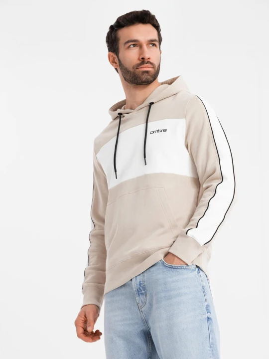 Zdjęcie produktu Bawełniana męska bluza z kapturem z kontrastującymi elementami - beżowa V2 Ombre Clothing biały