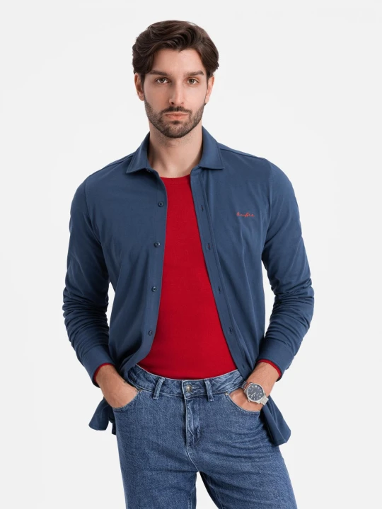Zdjęcie produktu Bawełniana męska koszula REGULAR z dzianiny single jersey - niebieska V1 Ombre Clothing