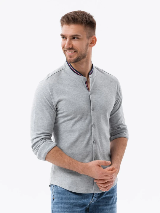 Zdjęcie produktu Bawełniana męska koszula SLIM FIT ze stójką w kolorowe paski – szara V5 - Rozmiar: XXL Ombre Clothing
