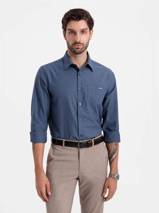 Zdjęcie produktu Bawełniana męska koszula z kieszenią REGULAR FIT - niebieska V3 Ombre Clothing