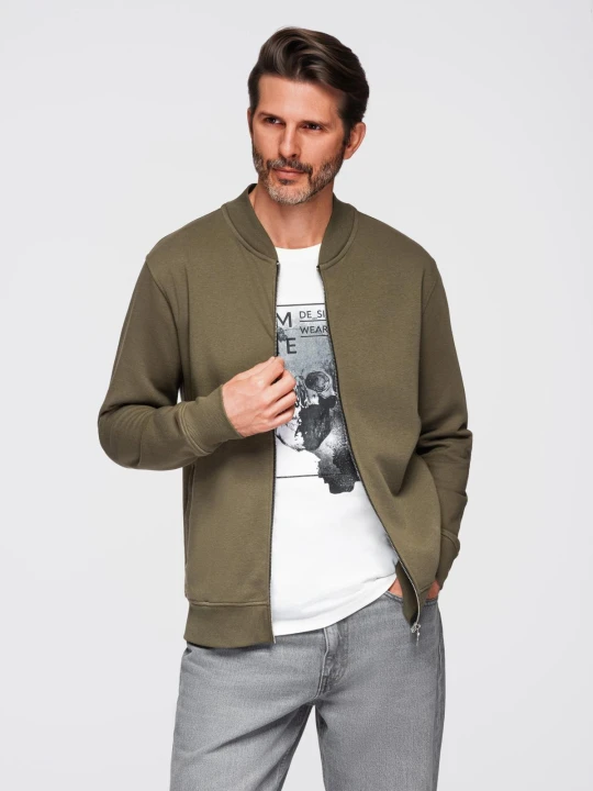 Zdjęcie produktu Bawełniana rozpinana bluza męska dresowa bomberka – khaki V1 - Rozmiar: S Ombre Clothing