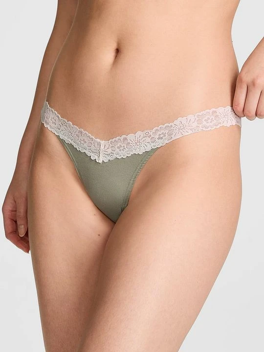 Zdjęcie produktu Bawełniane stringi z koronkowym wykończeniem Victoria's Secret Zielony
